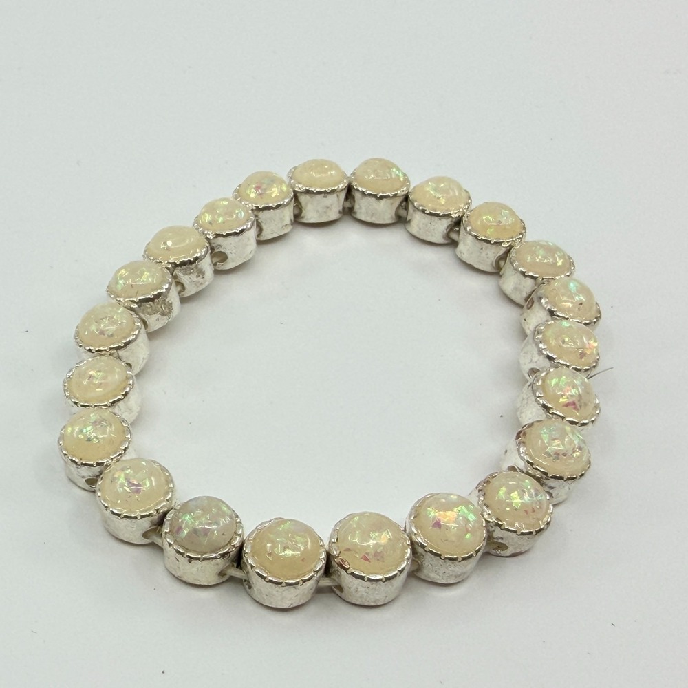 VTG Faux Opal Faux Druzy Iridescent Stretch Bracelet Silver Tone Crown Setting